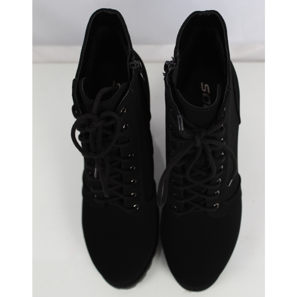 Black Lace Up Lug Block Heel Ankle Boot - Picture 4 of 7